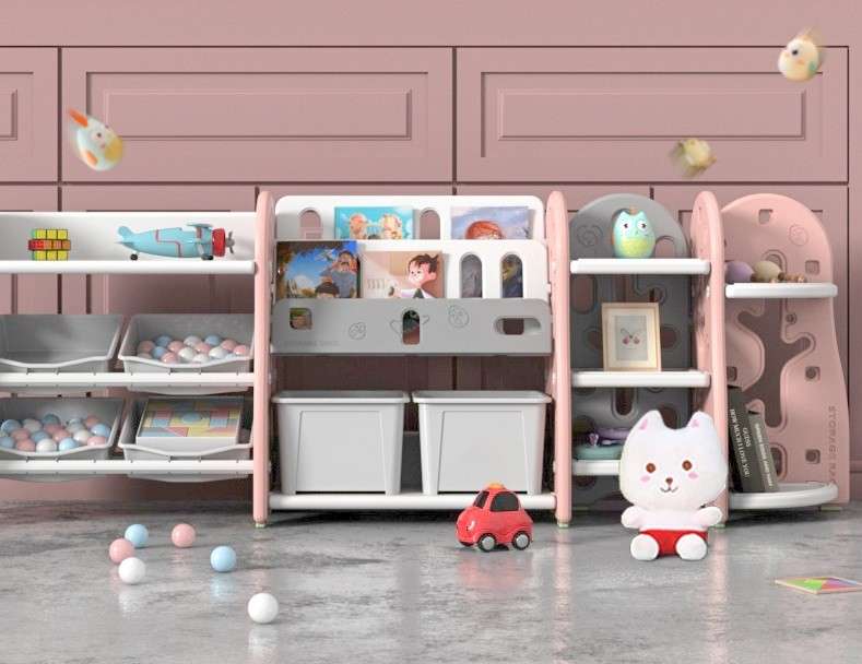 מערכת אחסון משולבת לחדר הילדים בצבע ורוד