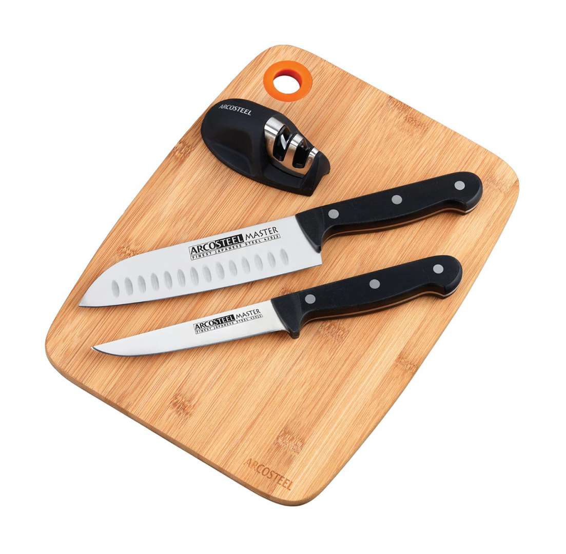 סט מאסטר 4 חלקים כולל 2 סכינים+משחיז+לוח חיתוך באריזת מתנה מסדרת דמאשירו ARCOSTEEL