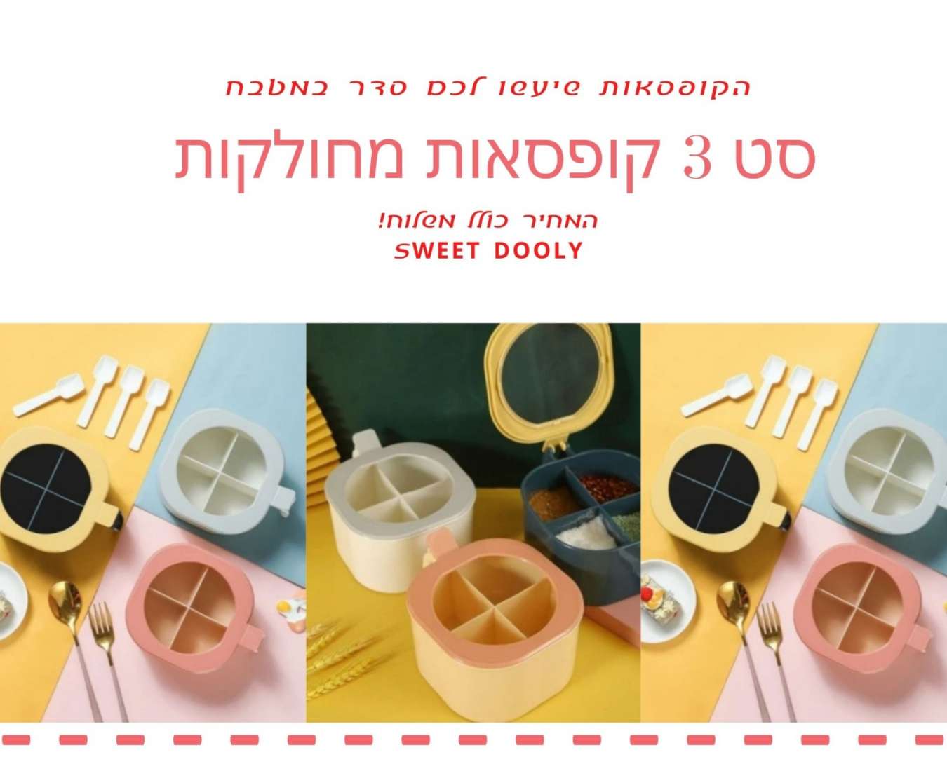 סט 3 קופסאות תבלינים בעלת 4 תאים עם מכסה ב-109 משלוח חינם