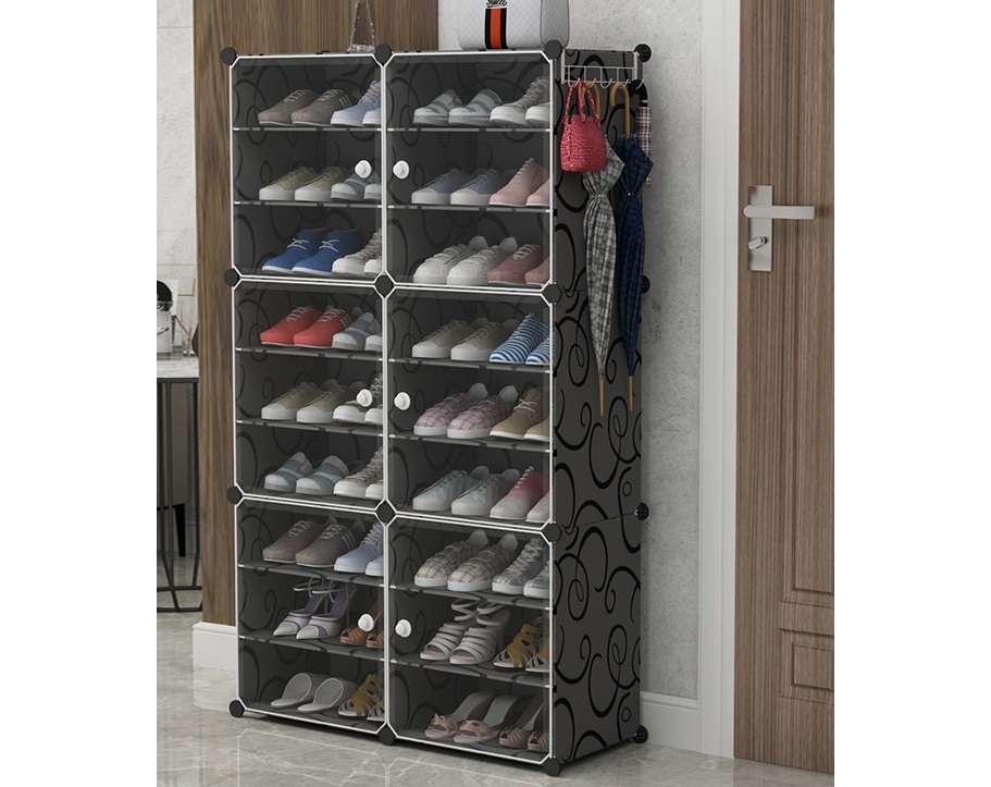 יחידת אחסון מודולרית המתאימה לכ- 36 זוגות נעליים המשלבת 18 מדפים, 6 דלתות שקופות, עשוי PVC ומסגרת פלדה