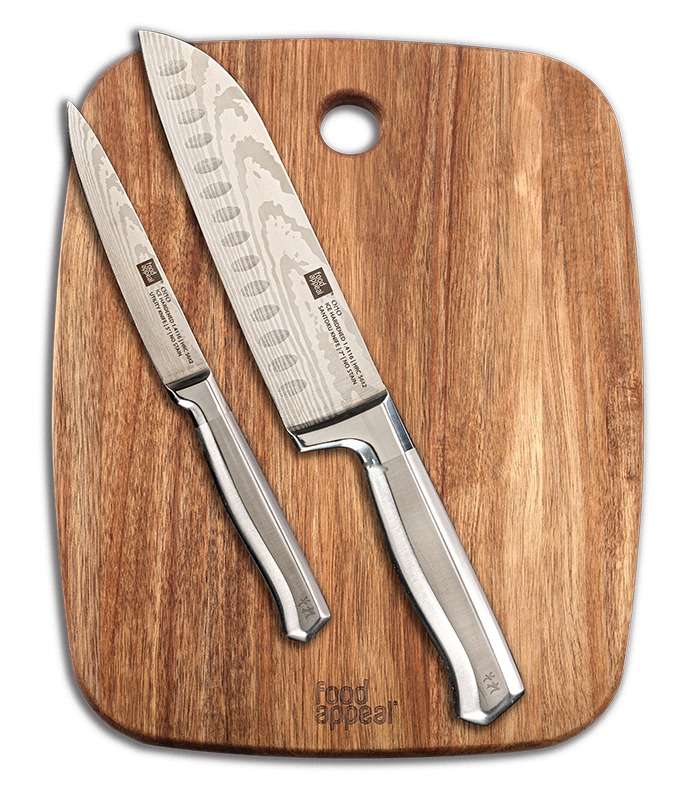 סכין סנטוקו 18 ס"מ + סכין 13 ס"מ + קרש חיתוך עץ שיטה 1.5*29*38 ס"מ ONO