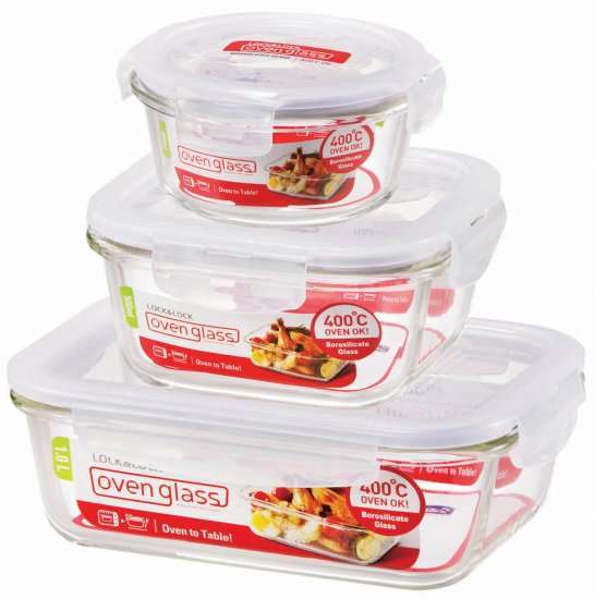 מארז 3 קופסאות זכוכית לאחסון מזון עם מכסה פלסטיק 1000+500+380 מ''ל Lock & Lock