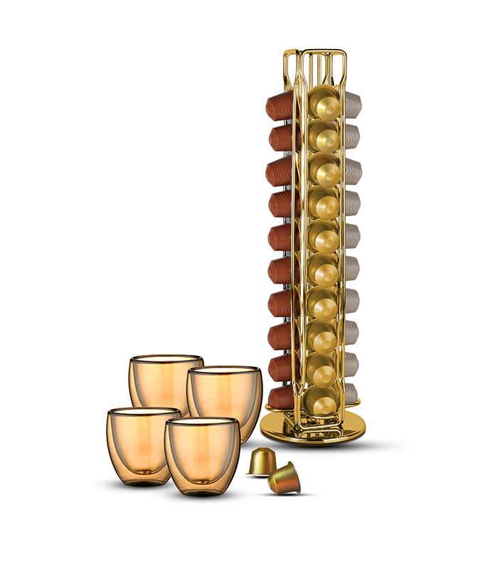 מארז מעמד ל-40 קפסולות נספרסו + 4 כוסות אספרסו זהב 80 מ"ל VENEZUELA